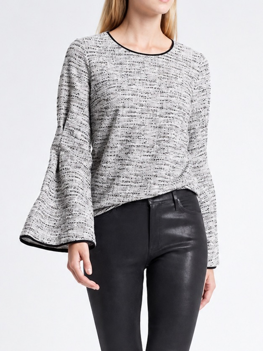 BANANA REPUBLIC Bouclé Pleated Bell-Sleeve Top - Black & White - Size Small